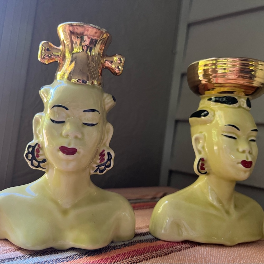 Vintage Yellow Ceramic Bust Candle Holders